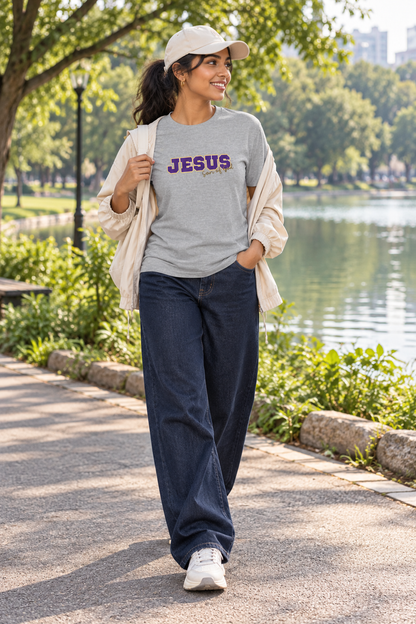 JESUS, Son of God - Varsity T-Shirt - Purple Letters