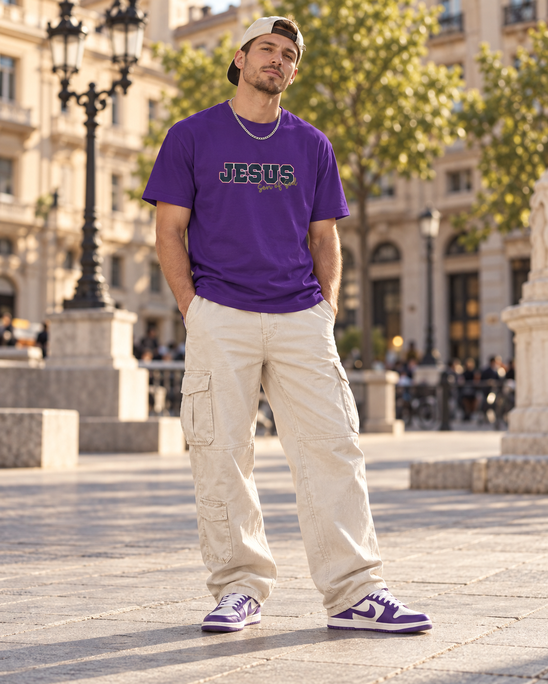 JESUS, Son of God - Varsity T-Shirt - Blauwe Letters