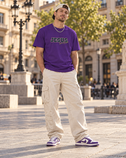 JESUS, Son of God - Varsity T-Shirt - Blauwe Letters