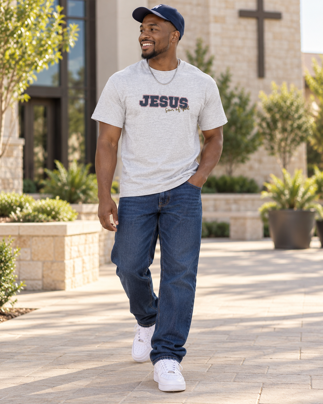 JESUS, Son of God - Varsity T-Shirt - Blauwe Letters