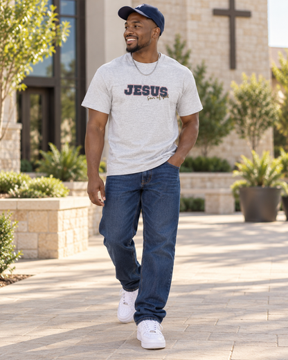 JESUS, Son of God - Varsity T-Shirt - Blauwe Letters