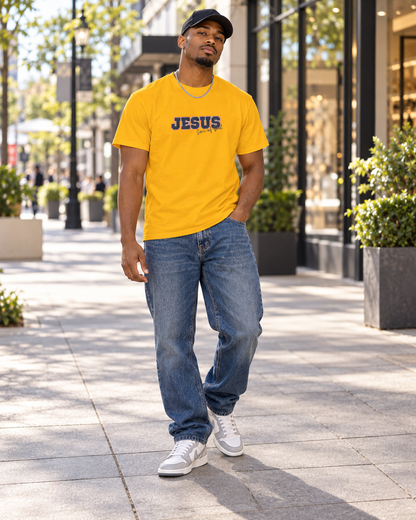 JESUS, Son of God - Varsity T-Shirt - Blauwe Letters