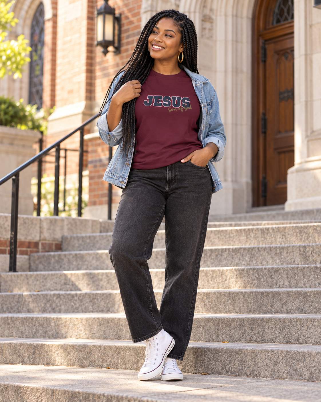 JESUS, Son of God - Varsity T-Shirt - Blauwe Letters
