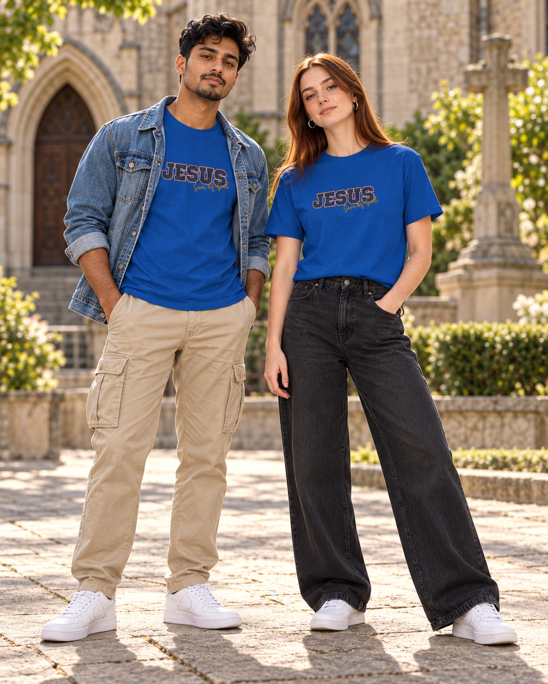 JESUS, Son of God - Varsity T-Shirt - Blauwe Letters