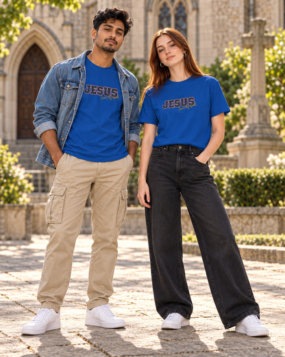 JESUS, Son of God - Varsity T-Shirt - Blauwe Letters