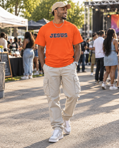 JESUS, Son of God - Varsity T-Shirt - Blauwe Letters
