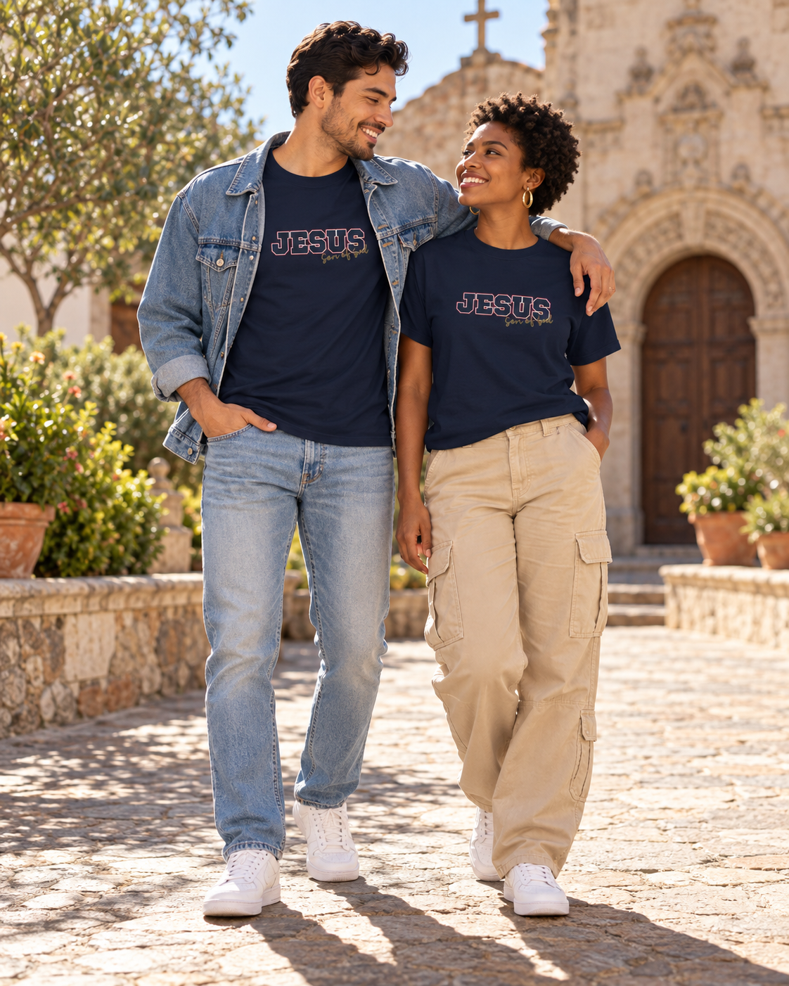 JESUS, Son of God - Varsity T-Shirt - Blauwe Letters