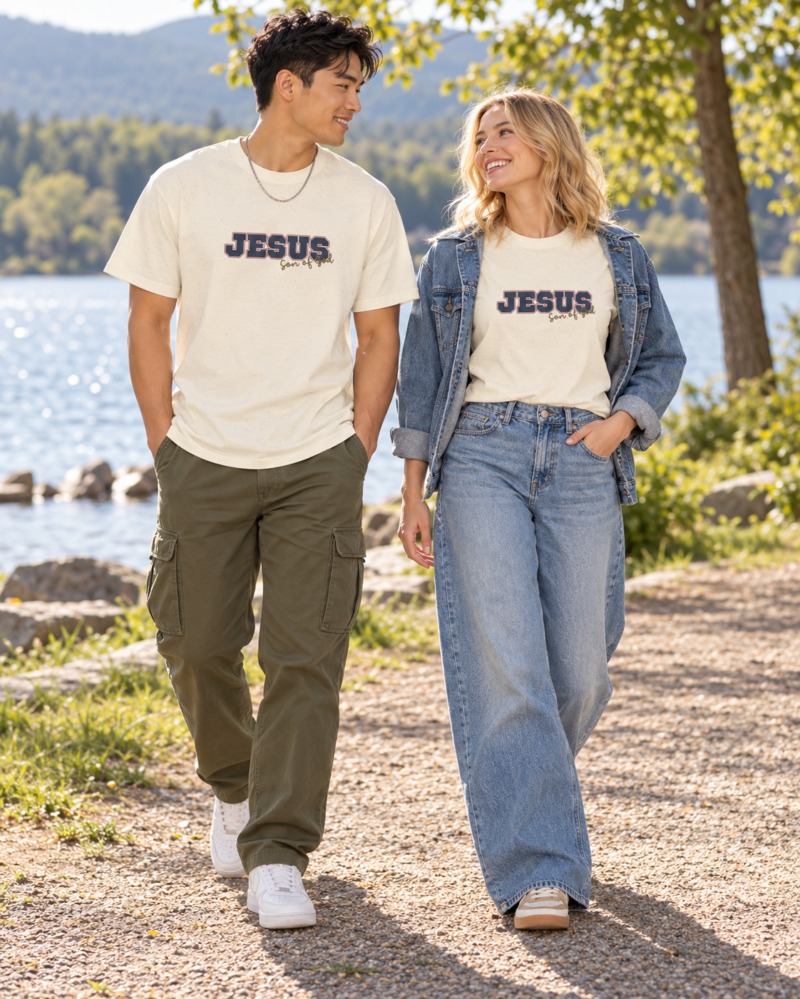 JESUS, Son of God - Varsity T-Shirt - Blauwe Letters