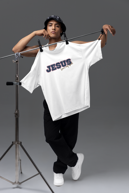 JESUS, Son of God - Varsity T-Shirt - Blauwe Letters
