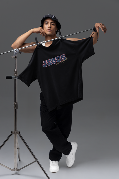 JESUS, Son of God - Varsity T-Shirt - Blauwe Letters