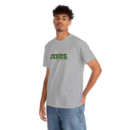 JESUS, Son of God - Varsity T-Shirt - Green Letters
