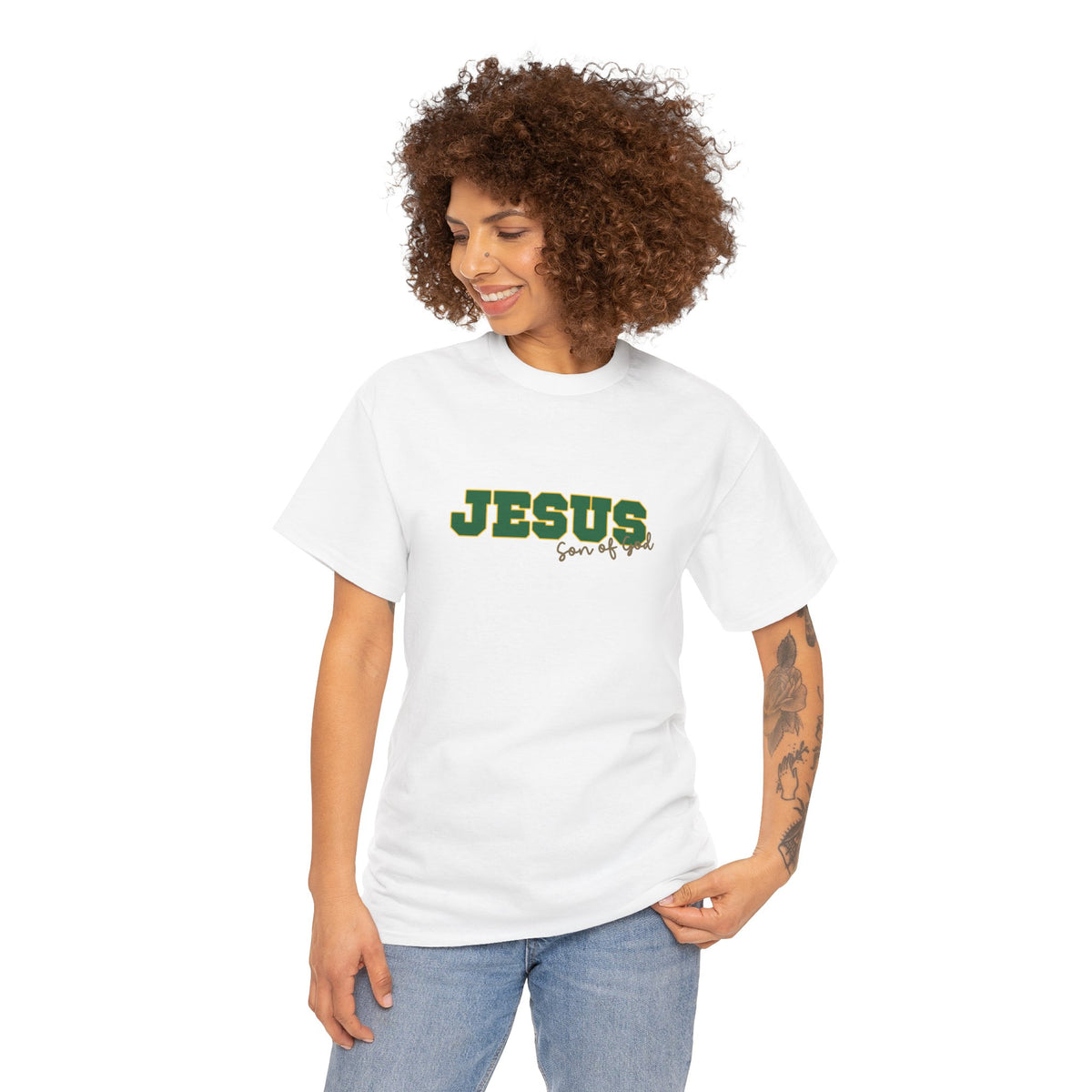 JESUS, Son of God - Varsity T-Shirt - Green Letters