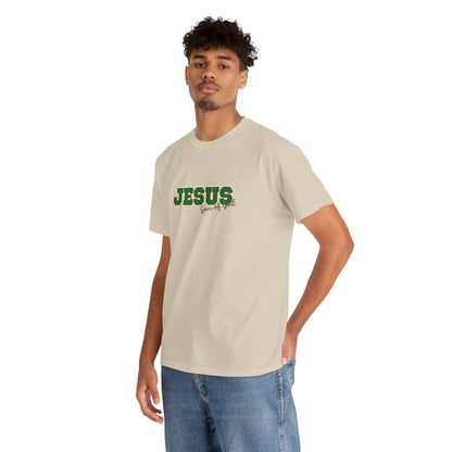 JESUS, Son of God - Varsity T-Shirt - Green Letters
