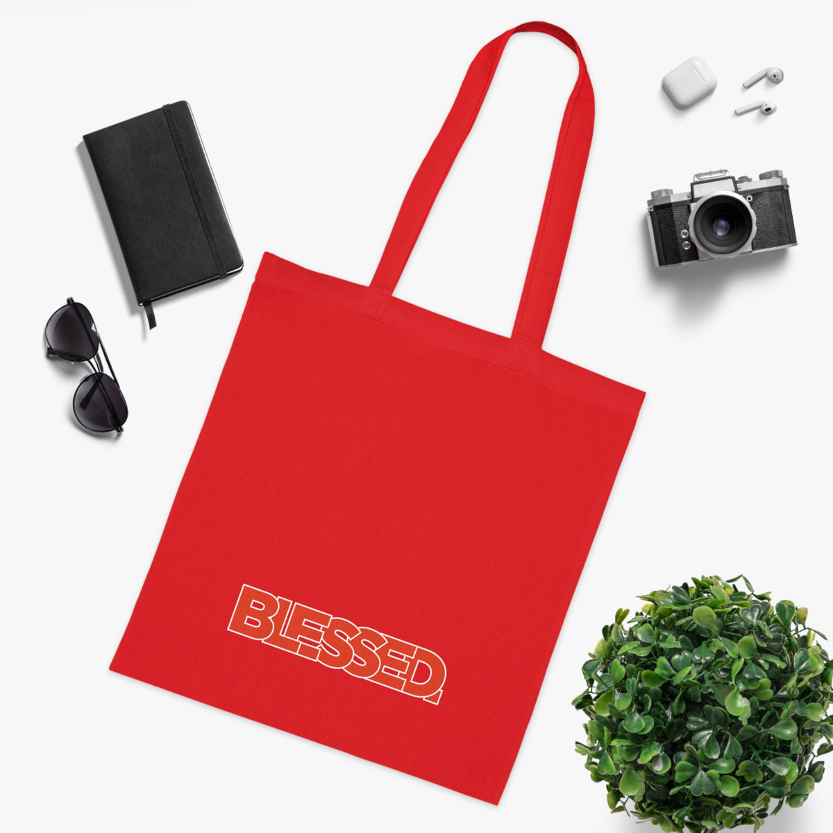 'Blessed' Cotton Tote — Minimalist faith tote bag with ‘BLESSED’ text and Focall emblem