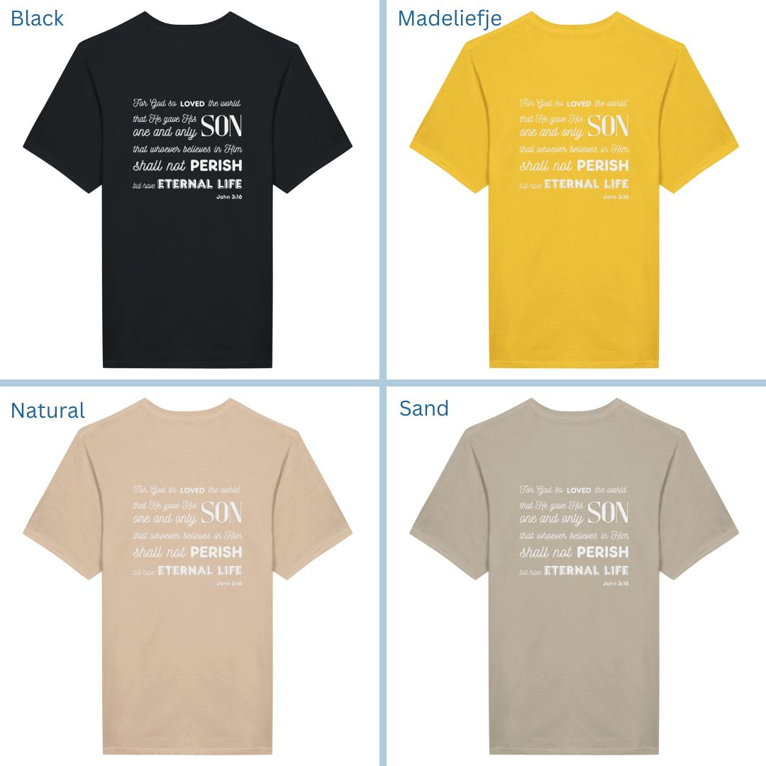 Classic Unisex Crew Neck T-Shirt | Back | John 3:16 - White Letters