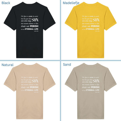Classic Unisex Crew Neck T-Shirt | Back | John 3:16 - White Letters