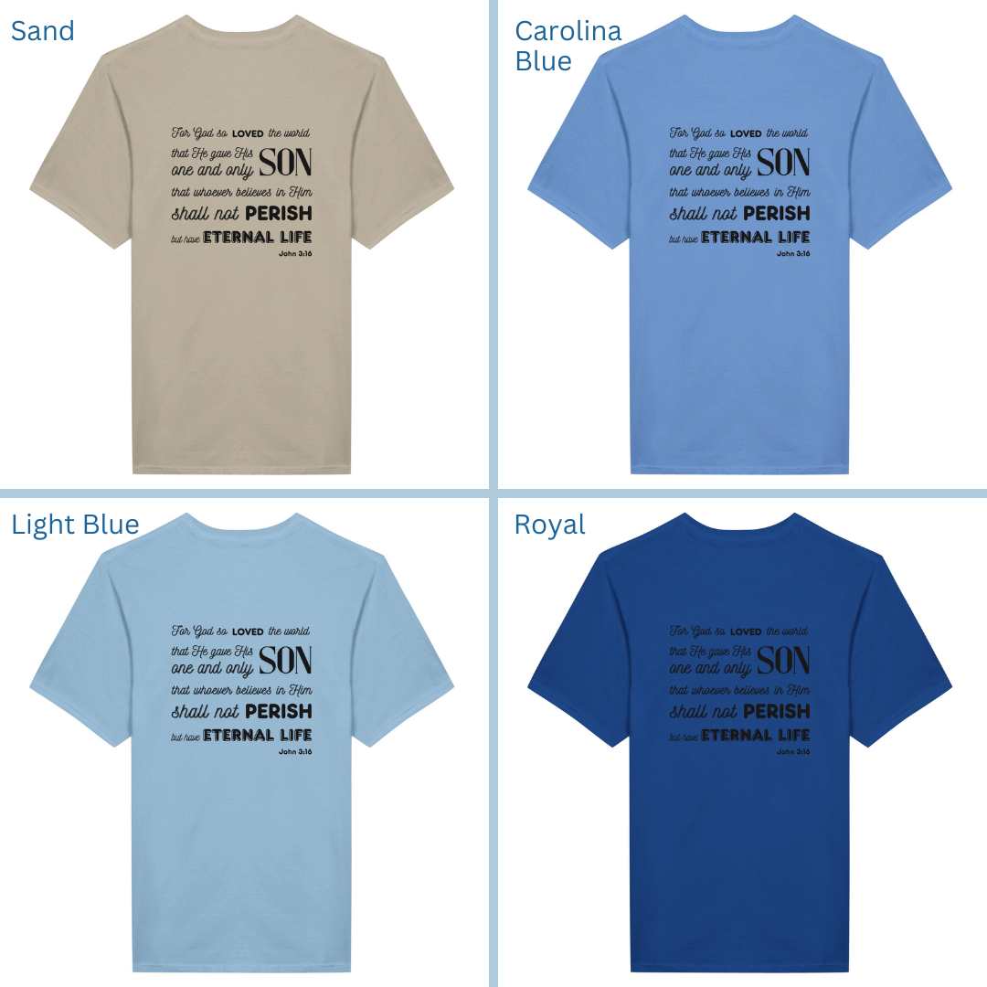 Classic Unisex Crew Neck T-Shirt | Back | John 3:16 - Black Letters