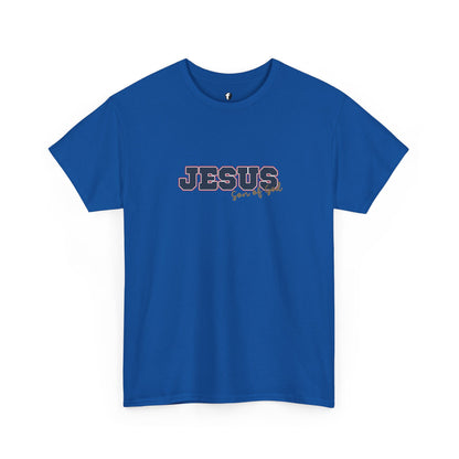 JESUS, Son of God - Varsity T-Shirt - Blauwe Letters