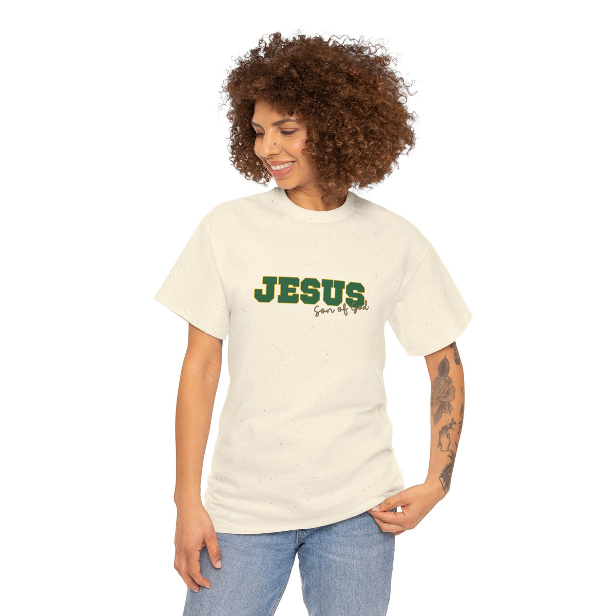 JESUS, Son of God - Varsity T-Shirt - Green Letters