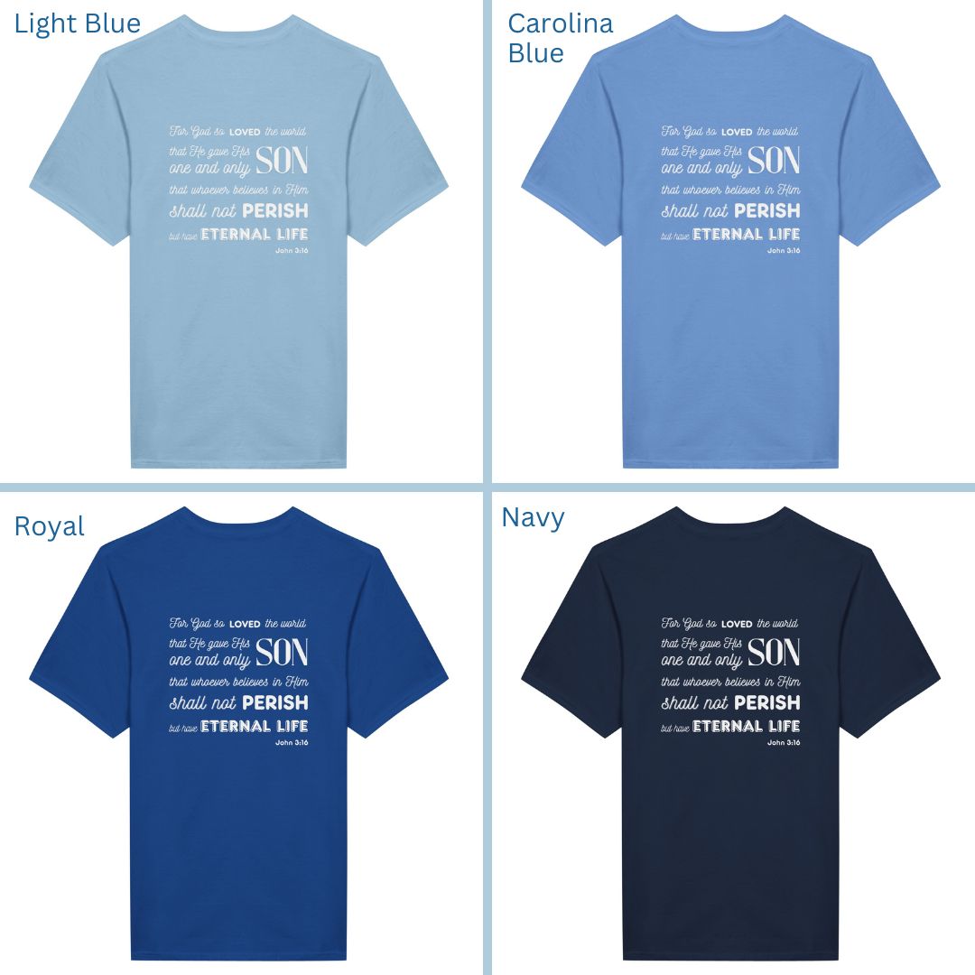 Classic Unisex Crew Neck T-Shirt | Back | John 3:16 - White Letters