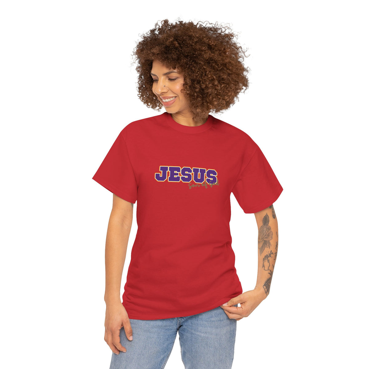 JESUS, Son of God - Varsity T-Shirt - Purple Letters