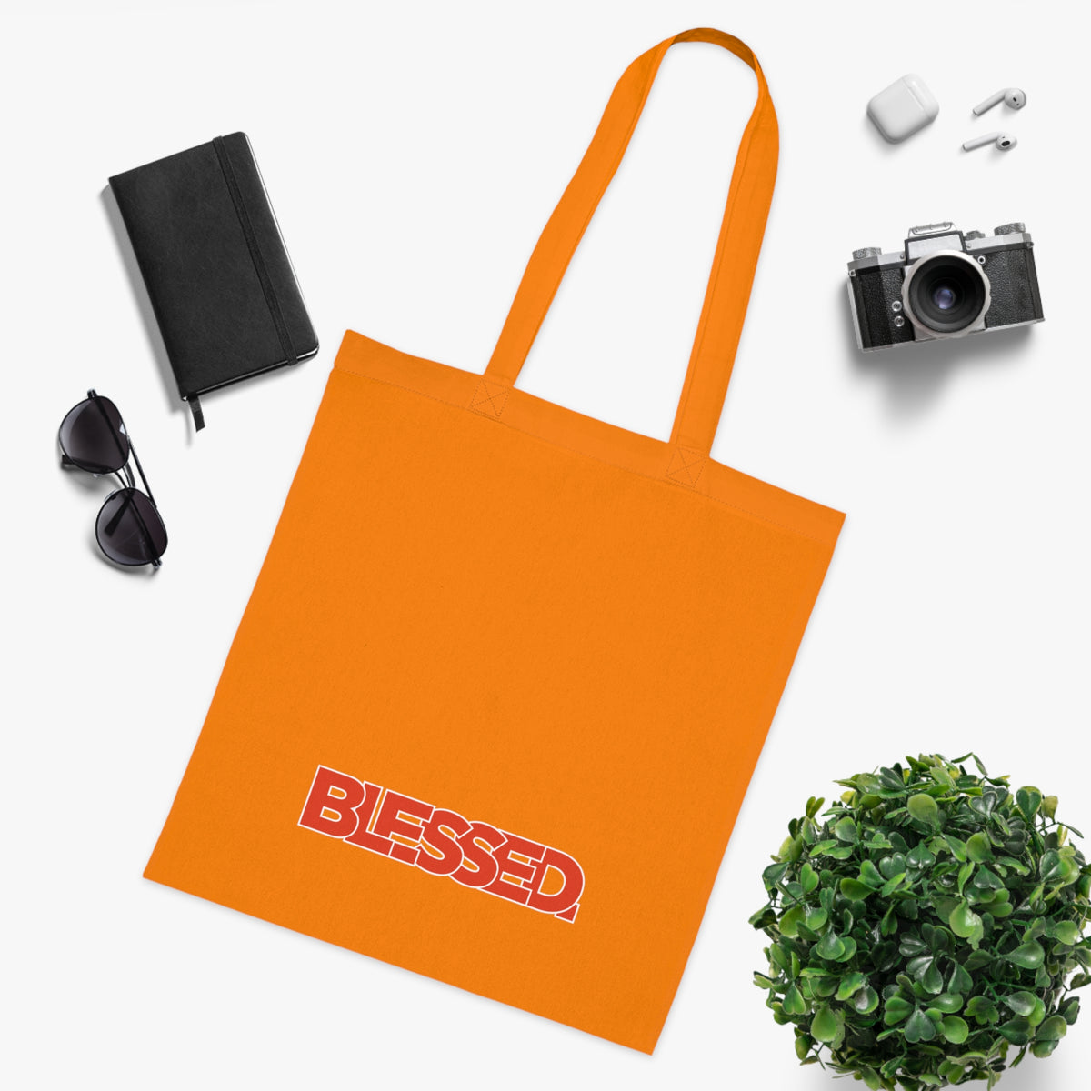 'Blessed' Cotton Tote — Minimalist faith tote bag with ‘BLESSED’ text and Focall emblem