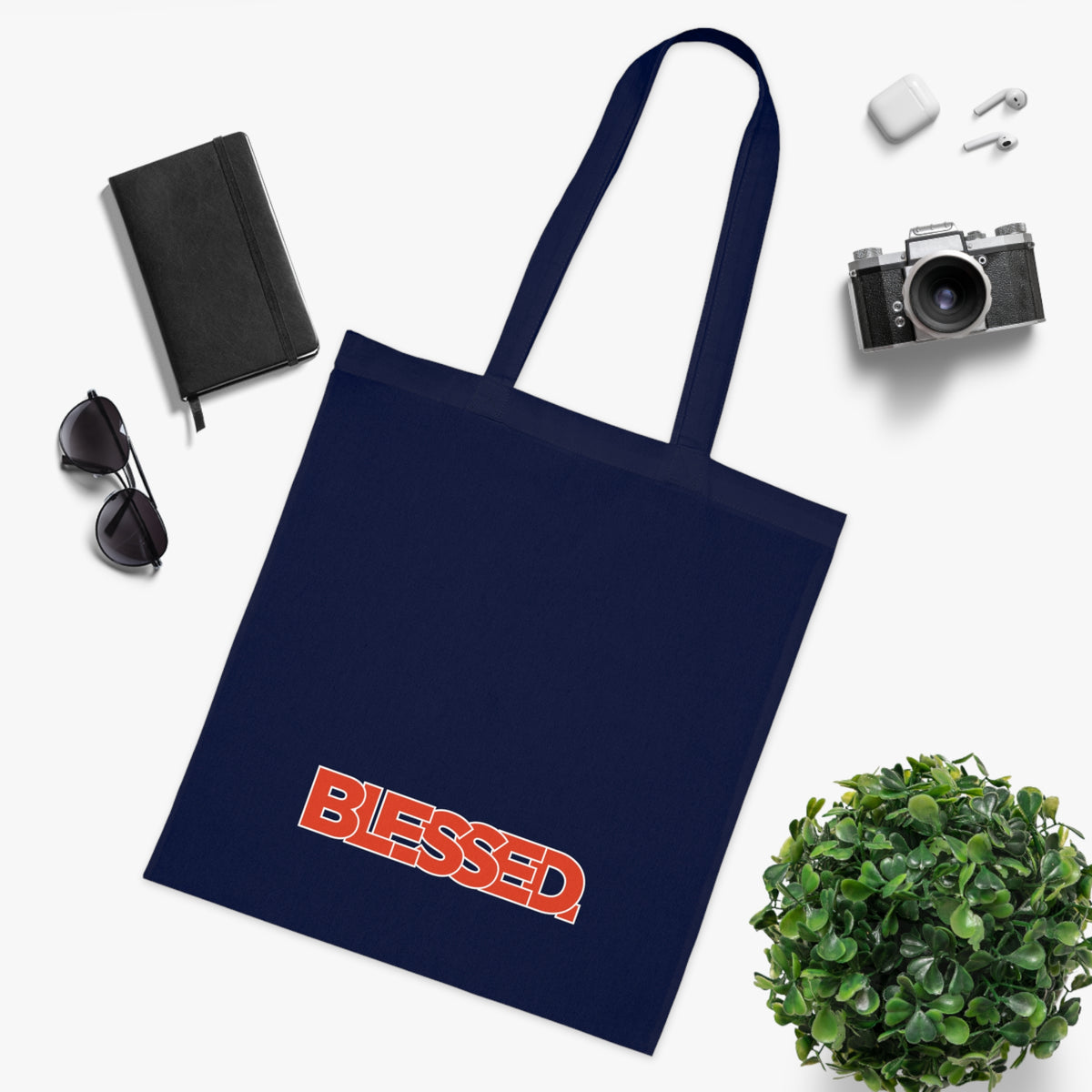 'Blessed' Cotton Tote — Minimalist faith tote bag with ‘BLESSED’ text and Focall emblem