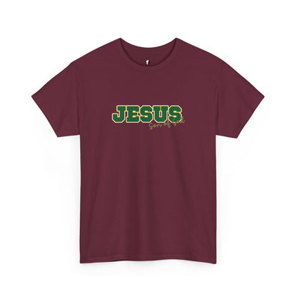 JESUS, Son of God - Varsity T-Shirt - Green Letters