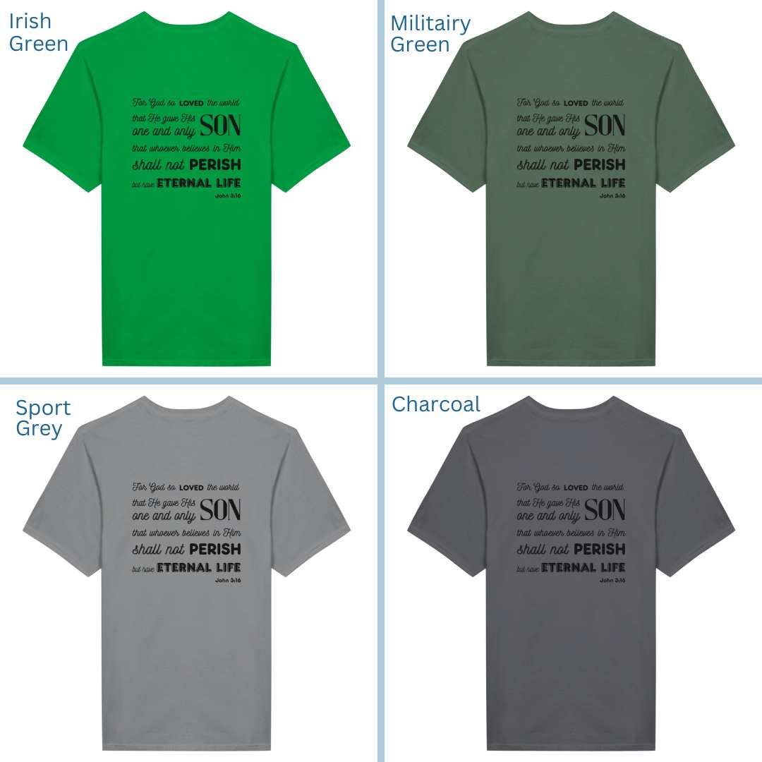 Classic Unisex Crew Neck T-Shirt | Back | John 3:16 - Black Letters