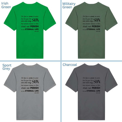 Classic Unisex Crew Neck T-Shirt | Back | John 3:16 - Black Letters