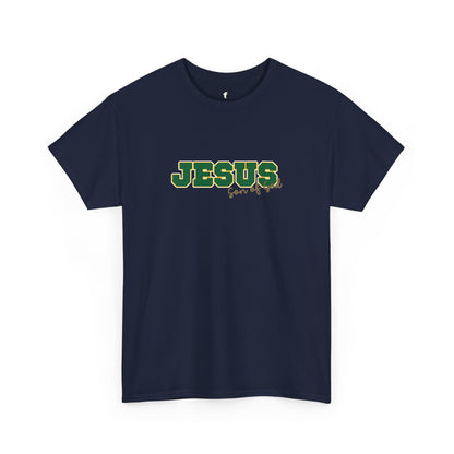 JESUS, Son of God - Varsity T-Shirt - Green Letters