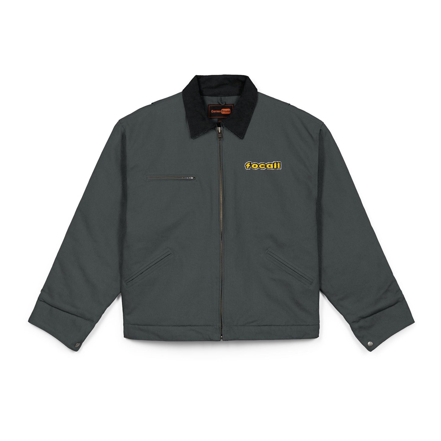 Embroidered duck canvas work jacket | Men's | Durable black carpenter-style jacket | Focall® yellow lettering