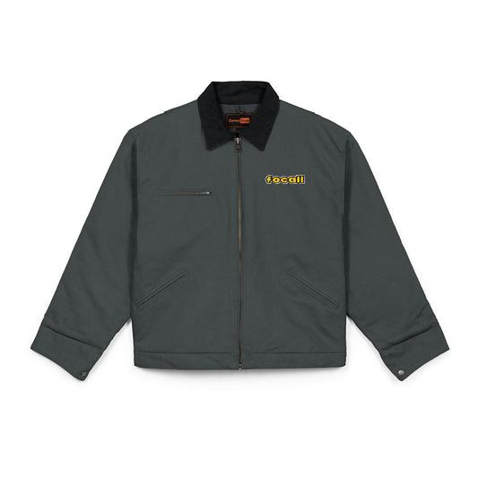 Embroidered duck canvas work jacket | Men's | Durable black carpenter-style jacket | Focall® yellow lettering