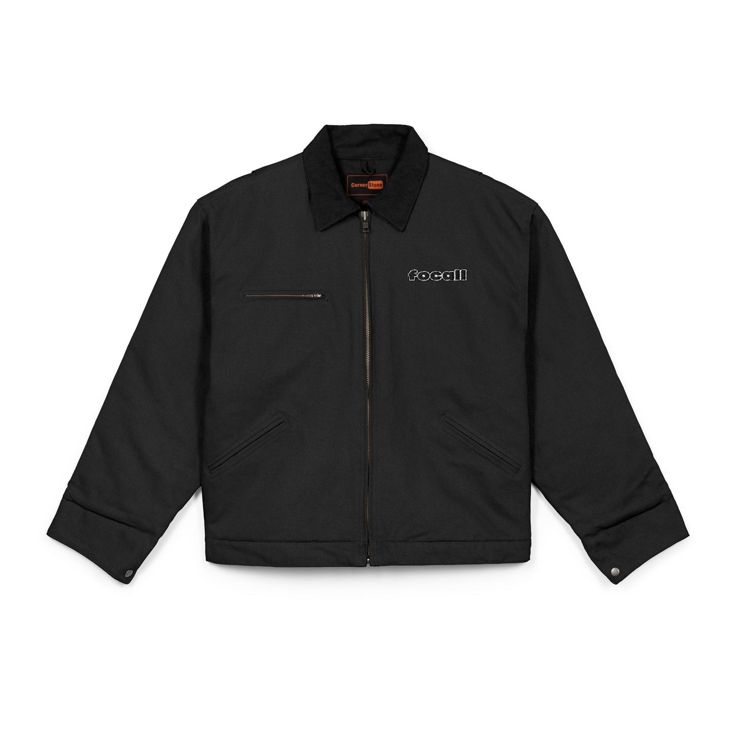 Embroidered duck canvas work jacket — Durable black carpenter-style jacket | Focall® black lettering