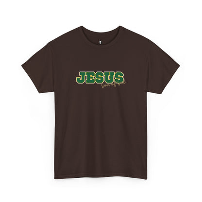 JESUS, Son of God - Varsity T-Shirt - Green Letters