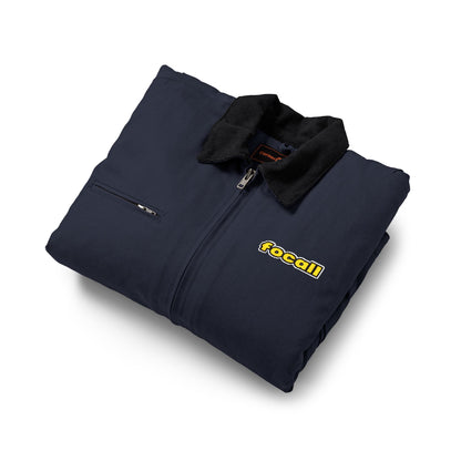 Embroidered duck canvas work jacket | Men's | Durable black carpenter-style jacket | Focall® yellow lettering