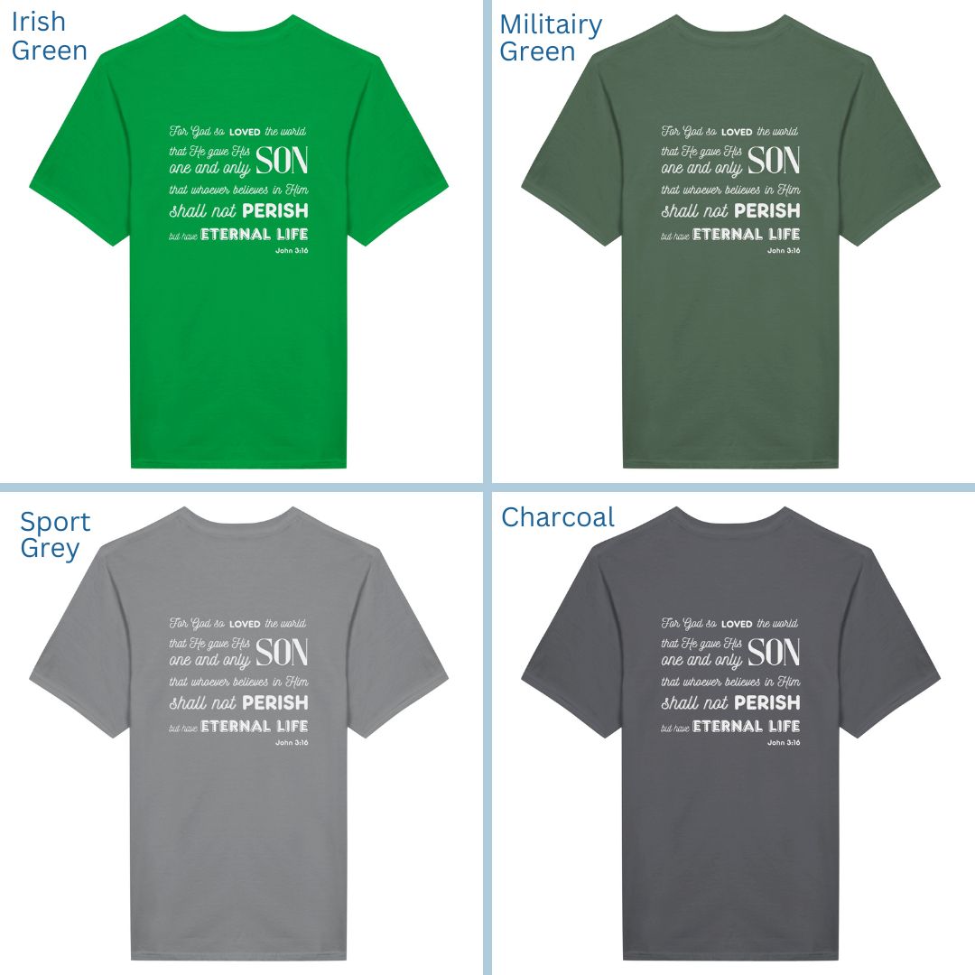 Classic Unisex Crew Neck T-Shirt | Back | John 3:16 - White Letters