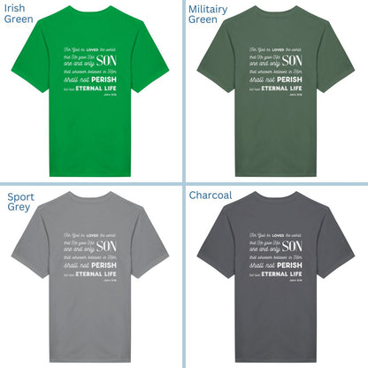 Classic Unisex Crew Neck T-Shirt | Back | John 3:16 - White Letters
