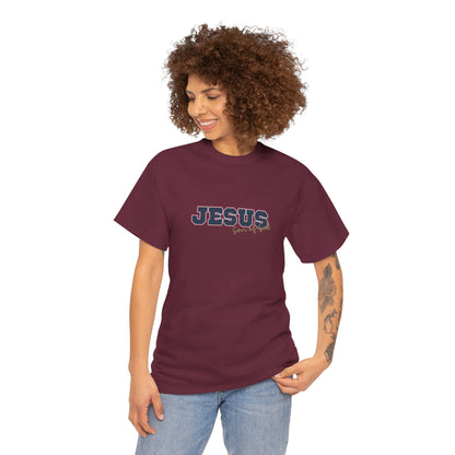 JESUS, Son of God - Varsity T-Shirt - Blauwe Letters