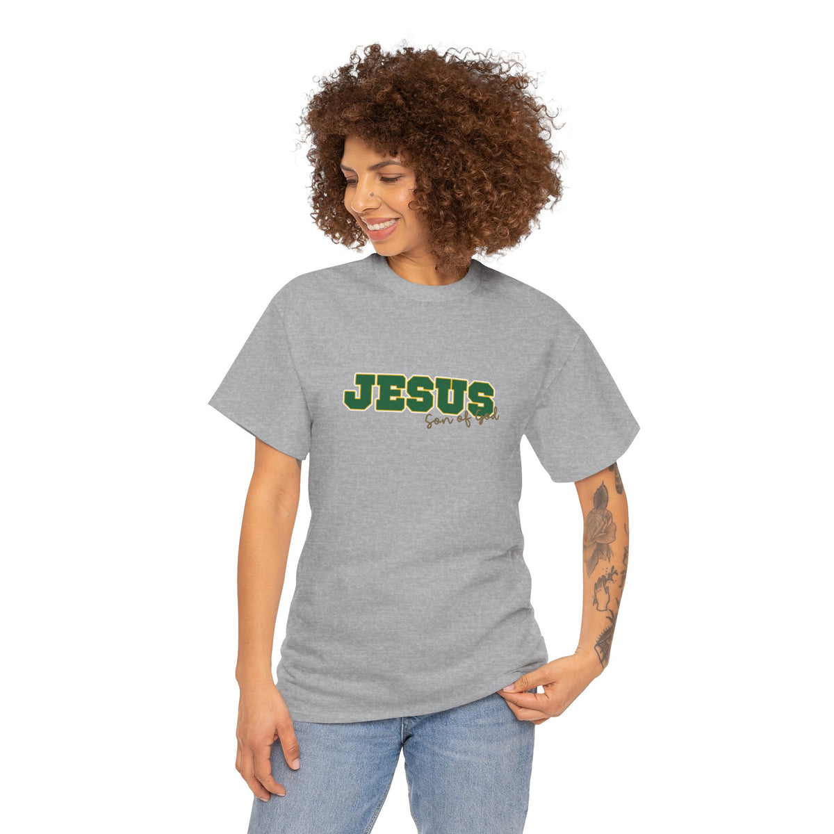 JESUS, Son of God - Varsity T-Shirt - Green Letters