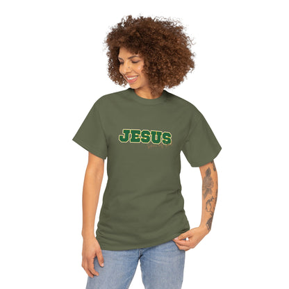 JESUS, Son of God - Varsity T-Shirt - Green Letters