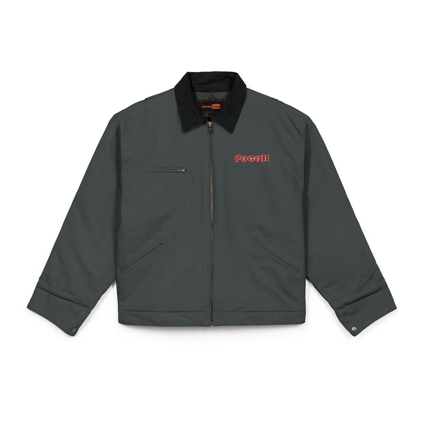 Embroidered duck canvas work jacket | Men's | Durable black carpenter-style jacket | Focall® red lettering