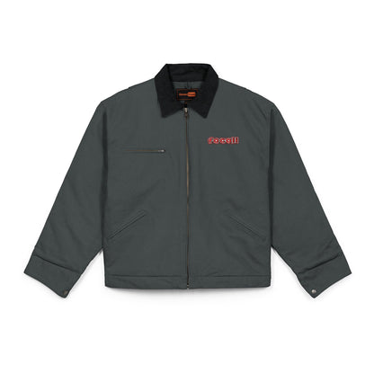 Embroidered duck canvas work jacket | Men's | Durable black carpenter-style jacket | Focall® red lettering