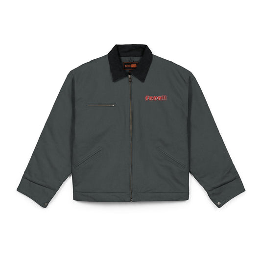 Embroidered duck canvas work jacket | Men's | Durable black carpenter-style jacket | Focall® red lettering