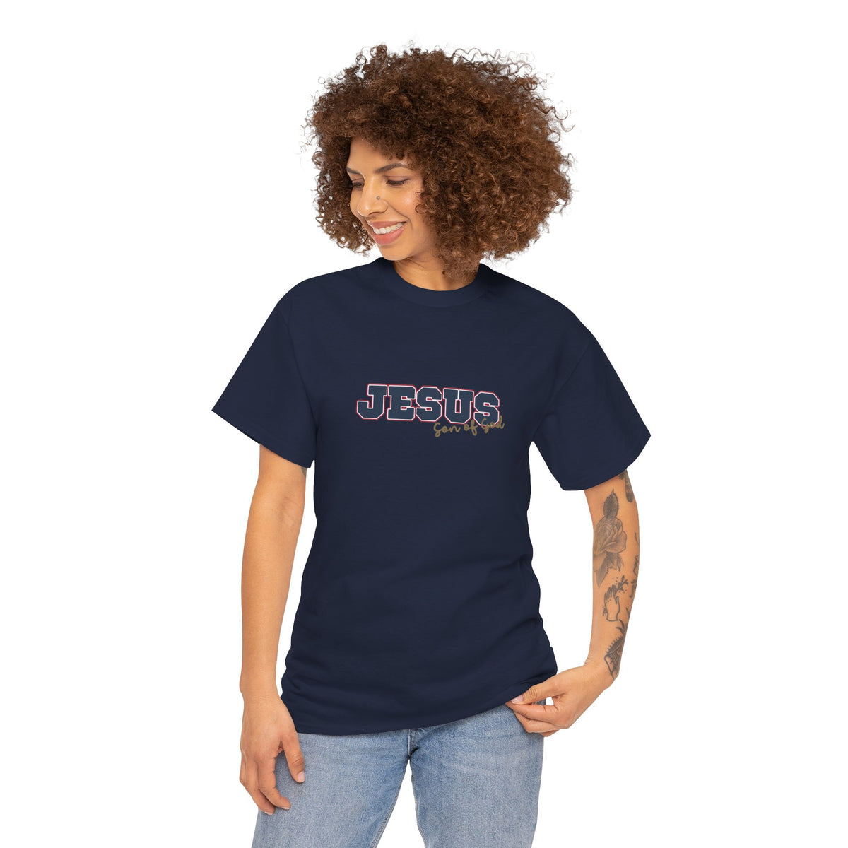 JESUS, Son of God - Varsity T-Shirt - Blauwe Letters