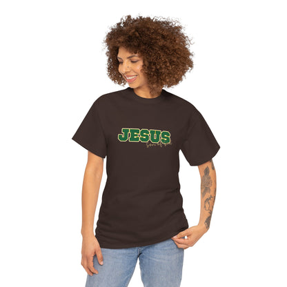 JESUS, Son of God - Varsity T-Shirt - Green Letters