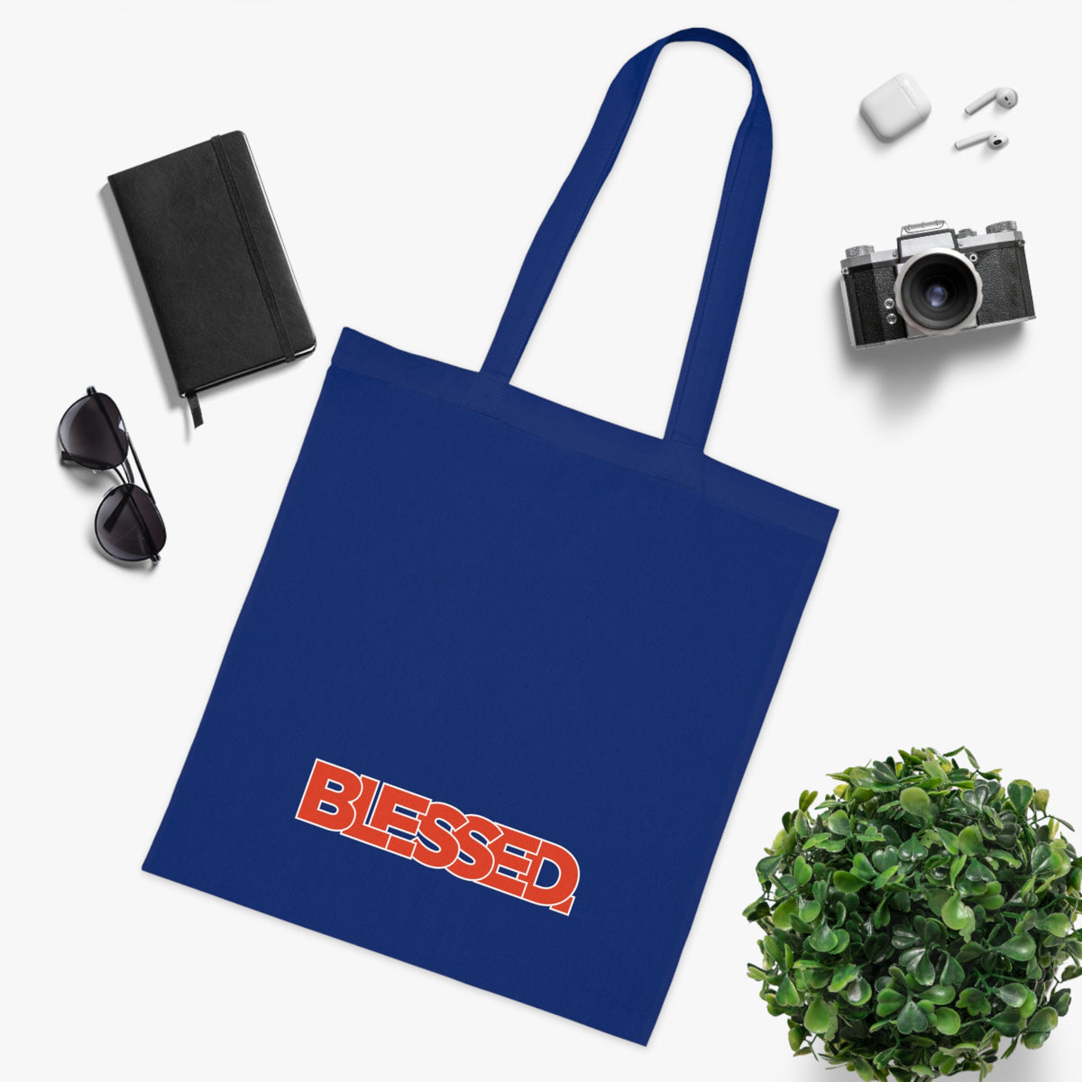 'Blessed' Cotton Tote — Minimalist faith tote bag with ‘BLESSED’ text and Focall emblem