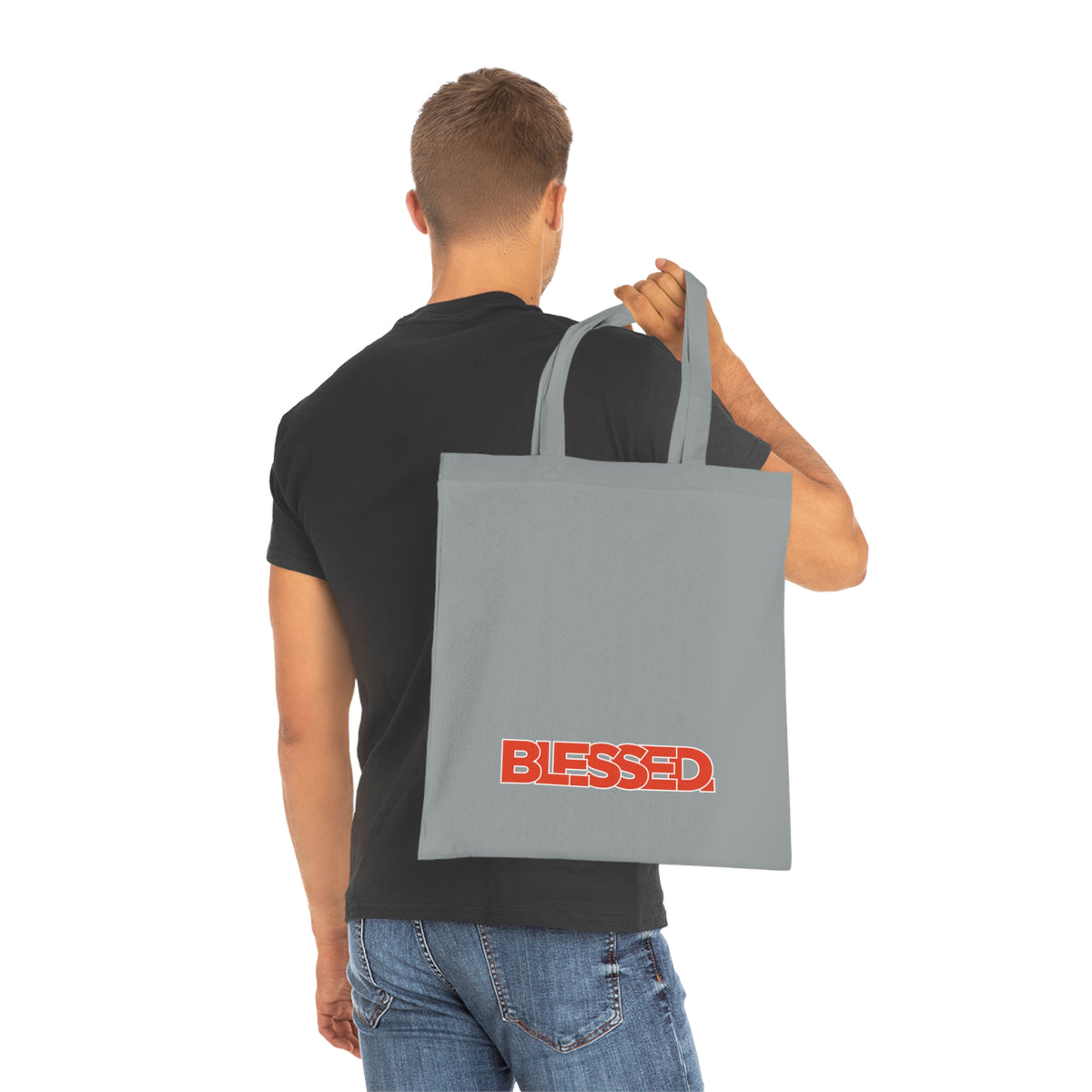 'Blessed' Cotton Tote — Minimalist faith tote bag with ‘BLESSED’ text and Focall emblem