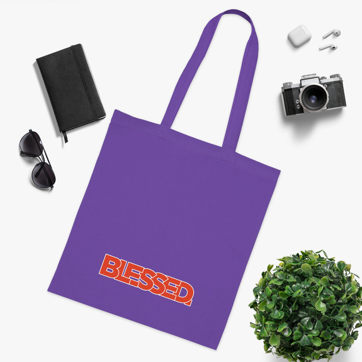 'Blessed' Cotton Tote — Minimalist faith tote bag with ‘BLESSED’ text and Focall emblem
