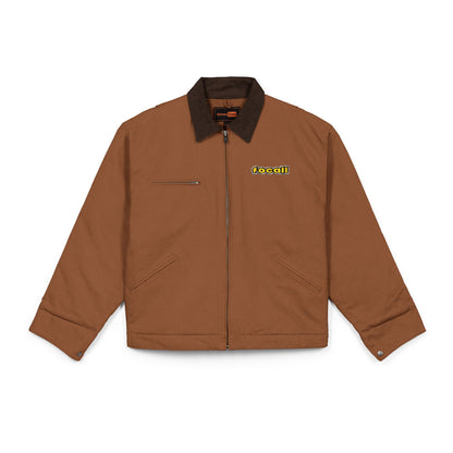 Embroidered duck canvas work jacket | Men's | Durable black carpenter-style jacket | Focall® yellow lettering
